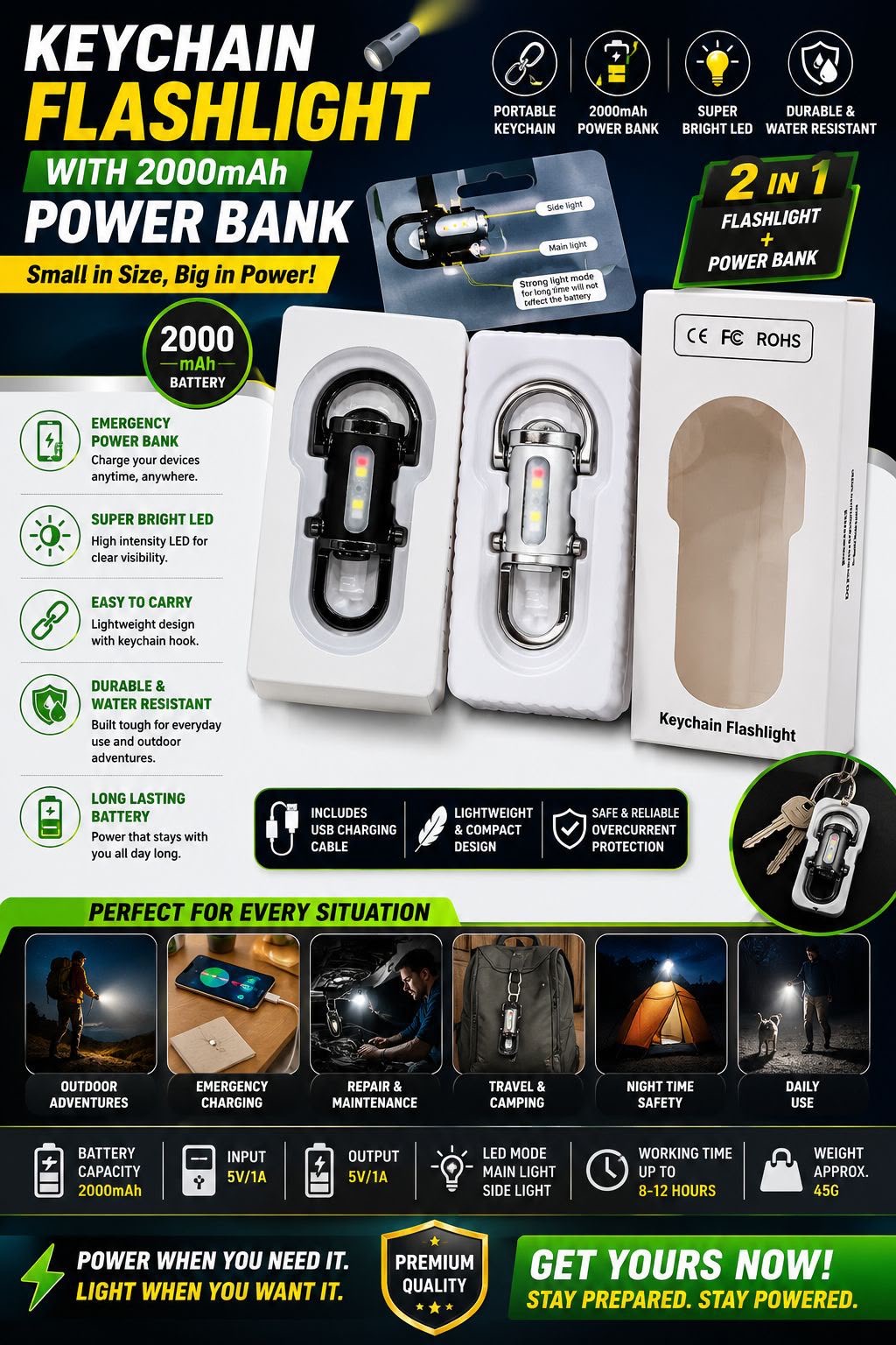 Flashlight with 2000 mah power bank