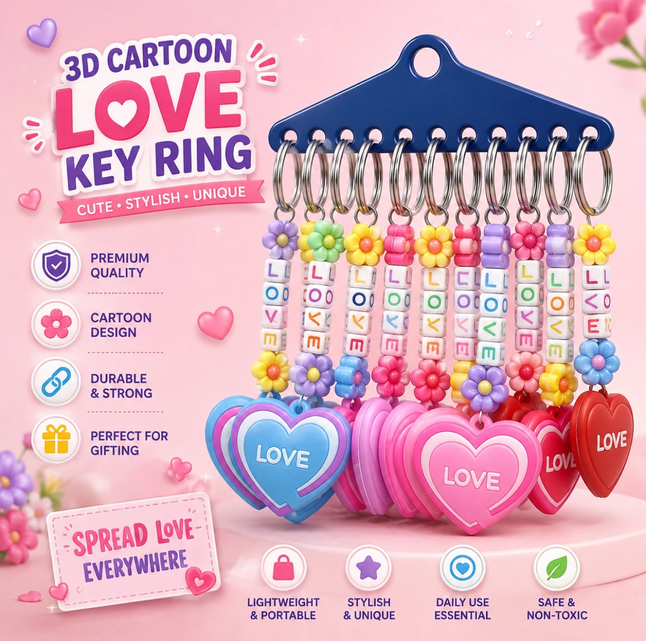 3D Cartoon LOVE Keychain Ring 🌸