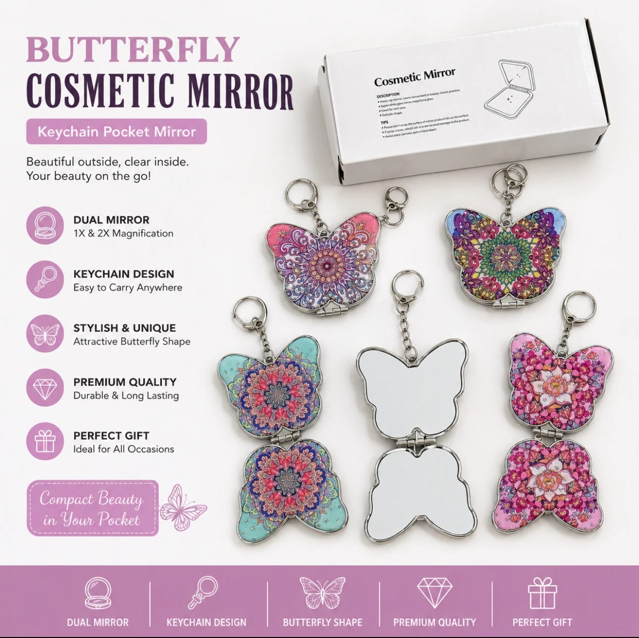 Butterfly Cosmetic Mirror Keychain