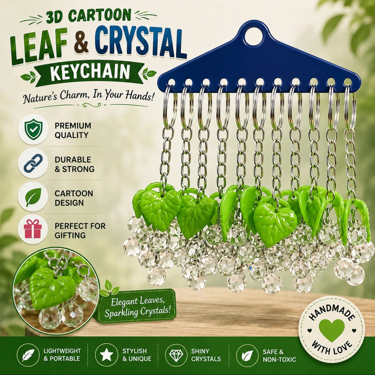 Leaf & Crystal Beaded Keychain 🌿💎🔑