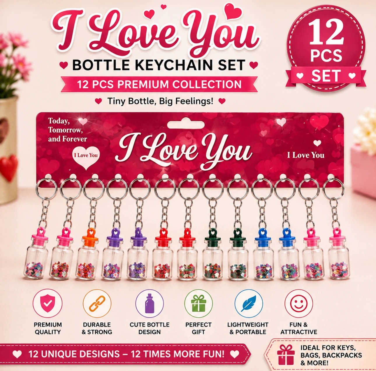 Mini Glitter Bottle Keychain Set