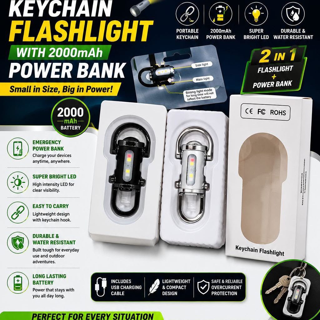 Super Bright Metal Keychain FlashLight With 2000 MaH Powerbank